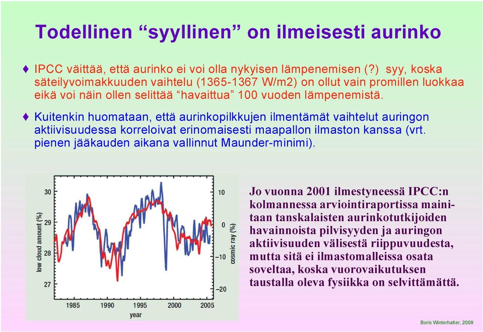 Kuitenkin huomataan, että aurinkopilkkujen ilmentämät vaihtelut auringon aktiivisuudessa korreloivat erinomaisesti maapallon ilmaston kanssa (vrt.