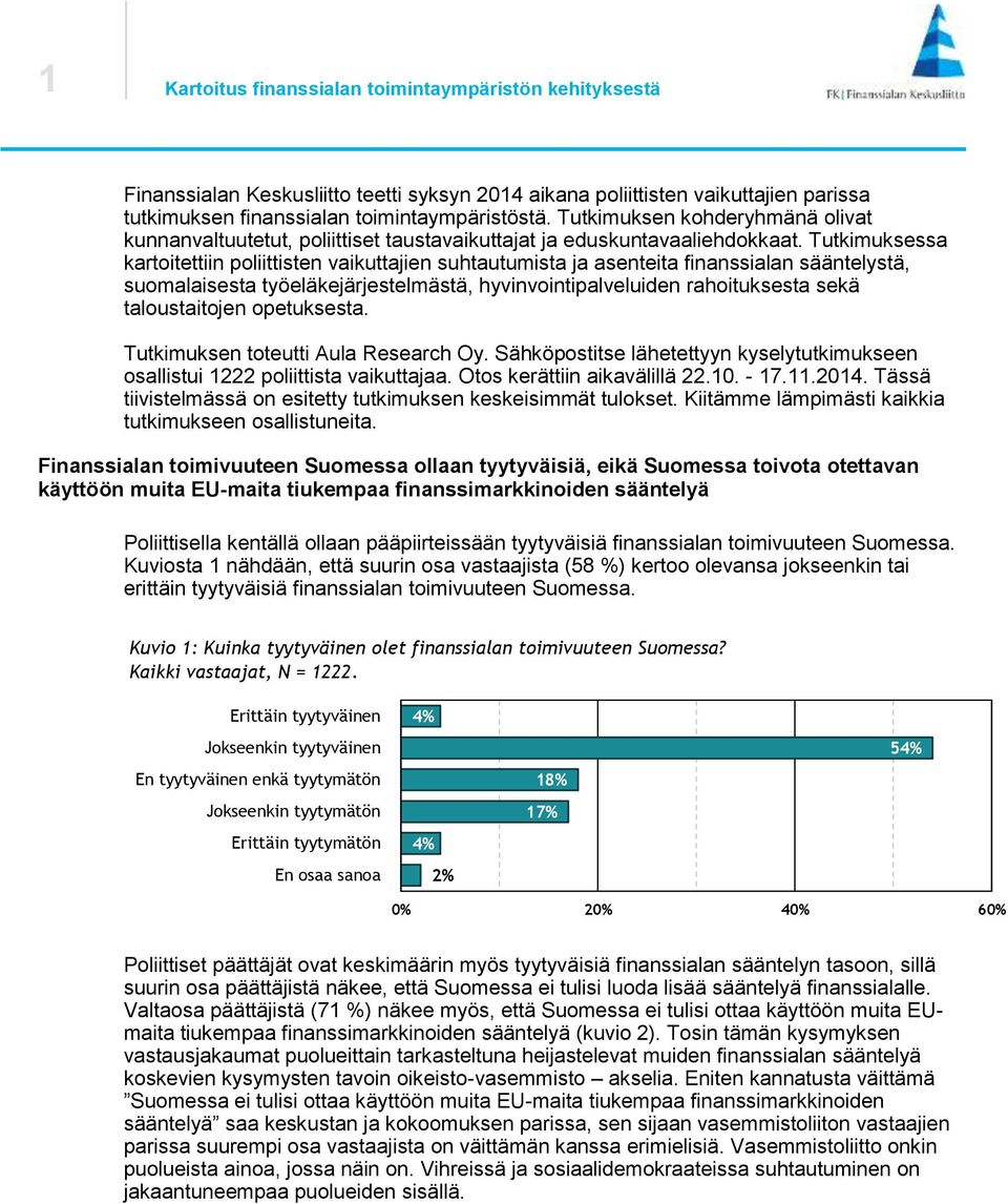 Tutkimuksessa kartoitettiin poliittisten vaikuttajien suhtautumista ja asenteita finanssialan sääntelystä, suomalaisesta työeläkejärjestelmästä, hyvinvointipalveluiden rahoituksesta sekä