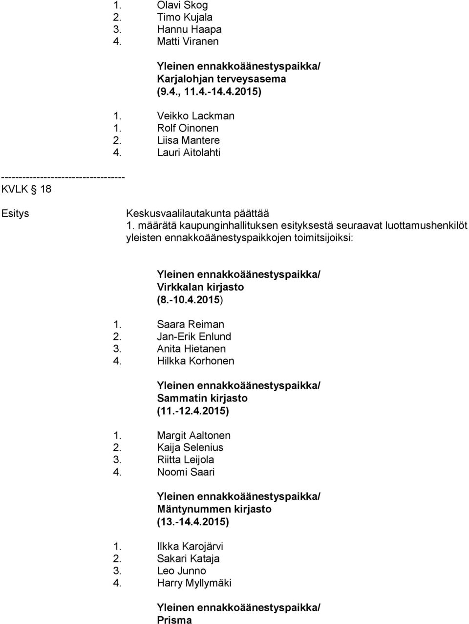 määrätä kaupunginhallituksen esityksestä seuraavat luottamushenkilöt yleisten ennakkoäänestyspaikkojen toimitsijoiksi: Virkkalan kirjasto (8.-10.4.2015) 1. Saara Reiman 2.