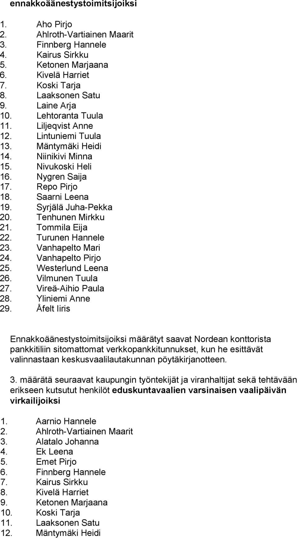 Tenhunen Mirkku 21. Tommila Eija 22. Turunen Hannele 23. Vanhapelto Mari 24. Vanhapelto Pirjo 25. Westerlund Leena 26. Vilmunen Tuula 27. Vireä-Aihio Paula 28. Yliniemi Anne 29.