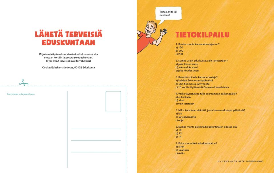 a) joka toinen vuosi b) joka neljäs vuosi c) joka kuudes vuosi 3. Kenestä voi tulla kansanedustaja?