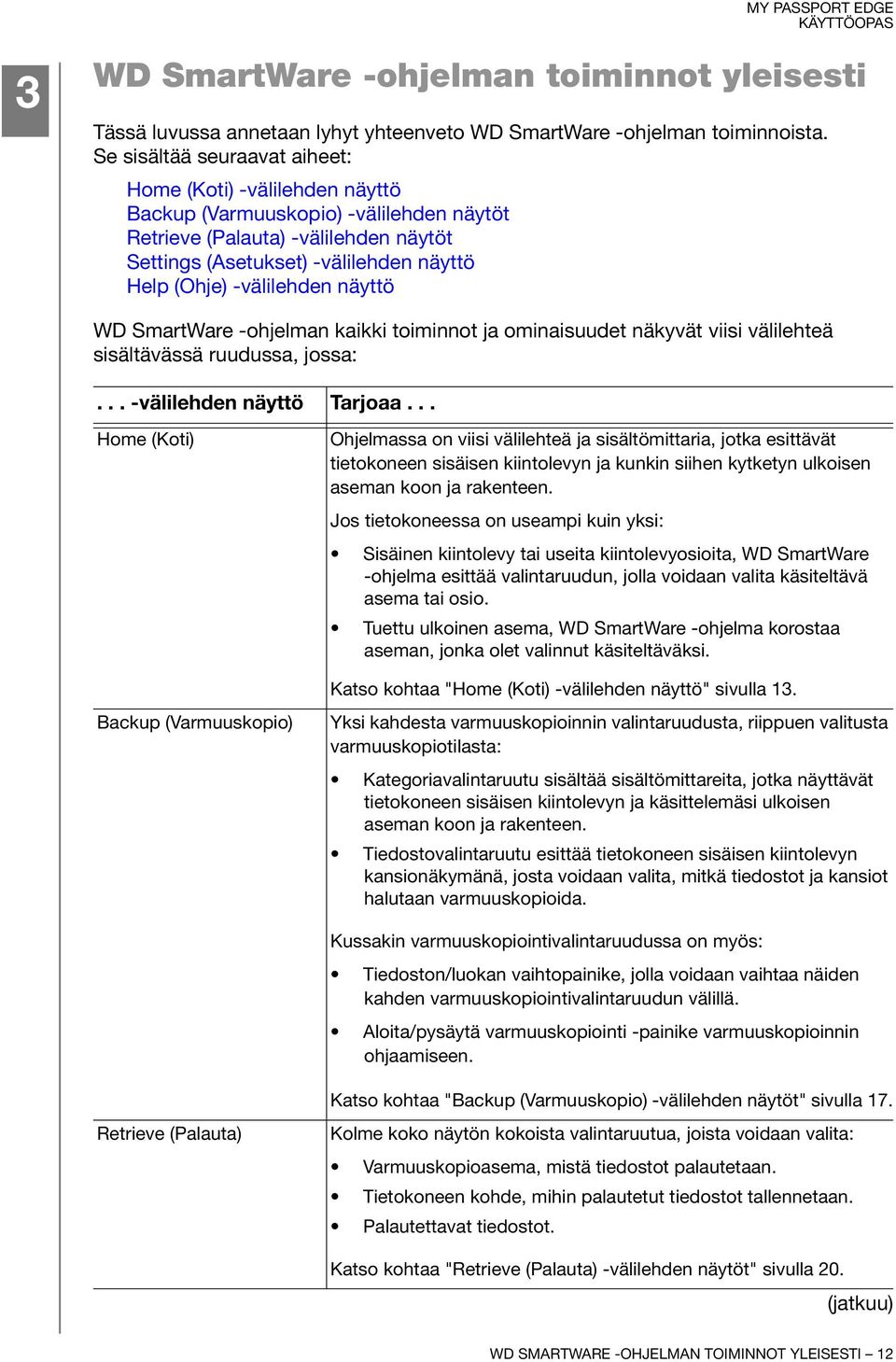 -välilehden näyttö WD SmartWare -ohjelman kaikki toiminnot ja ominaisuudet näkyvät viisi välilehteä sisältävässä ruudussa, jossa:... -välilehden näyttö Tarjoaa.