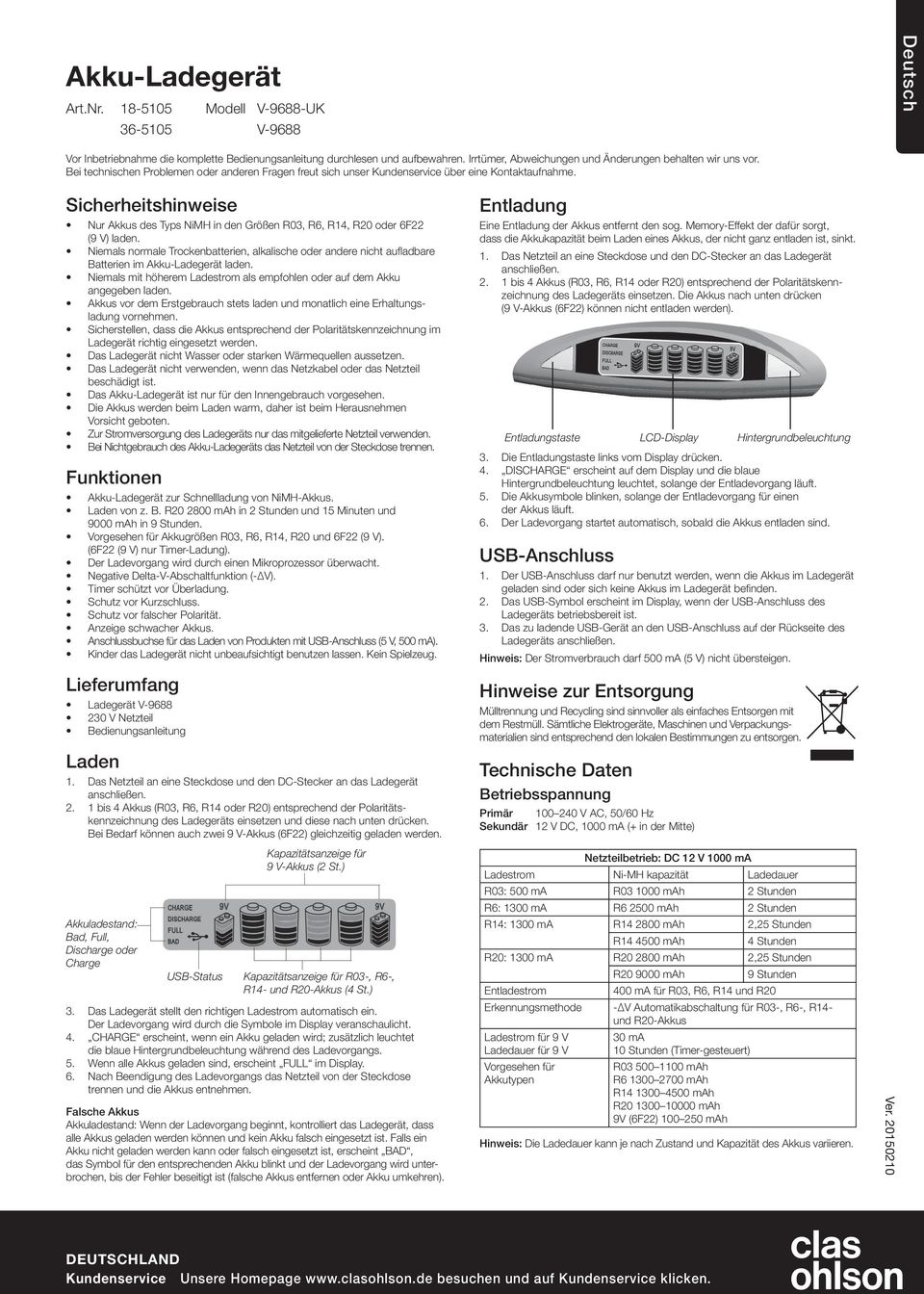 Sicherheitshinweise Nur Akkus des Typs NiMH in den Größen R03, R6, R14, R20 oder 6F22 (9 V) laden.