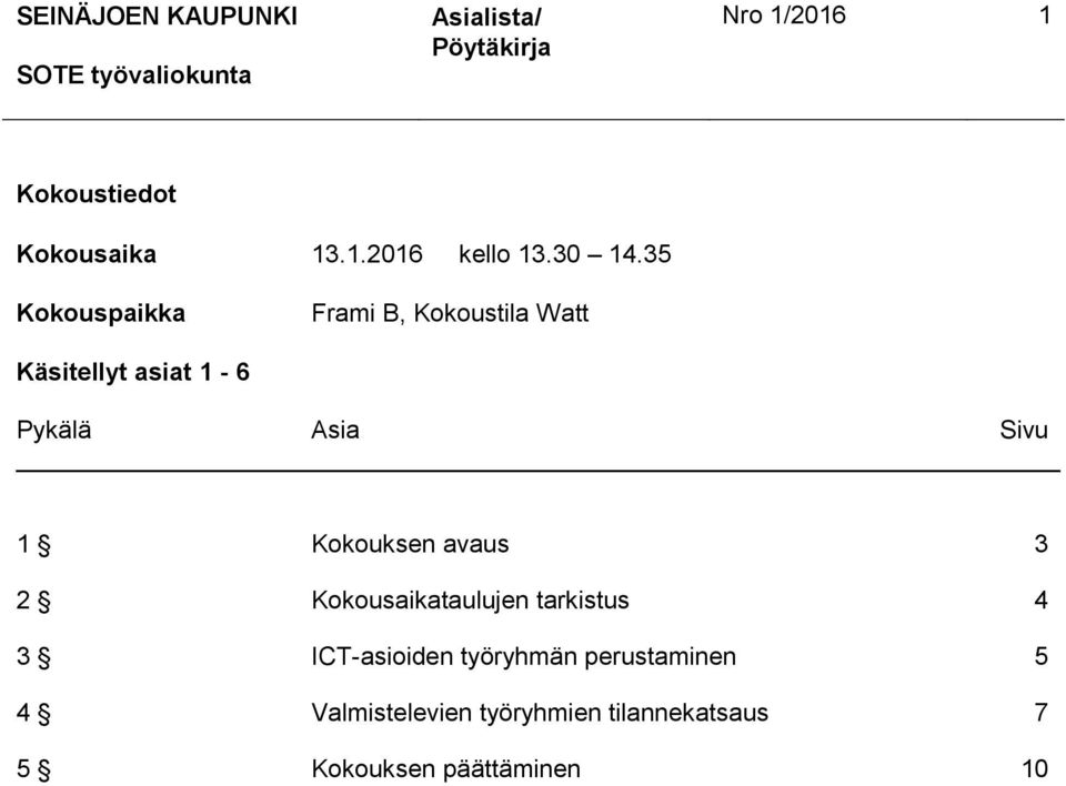 Kokouksen avaus 3 2 Kokousaikataulujen tarkistus 4 3 ICT-asioiden työryhmän