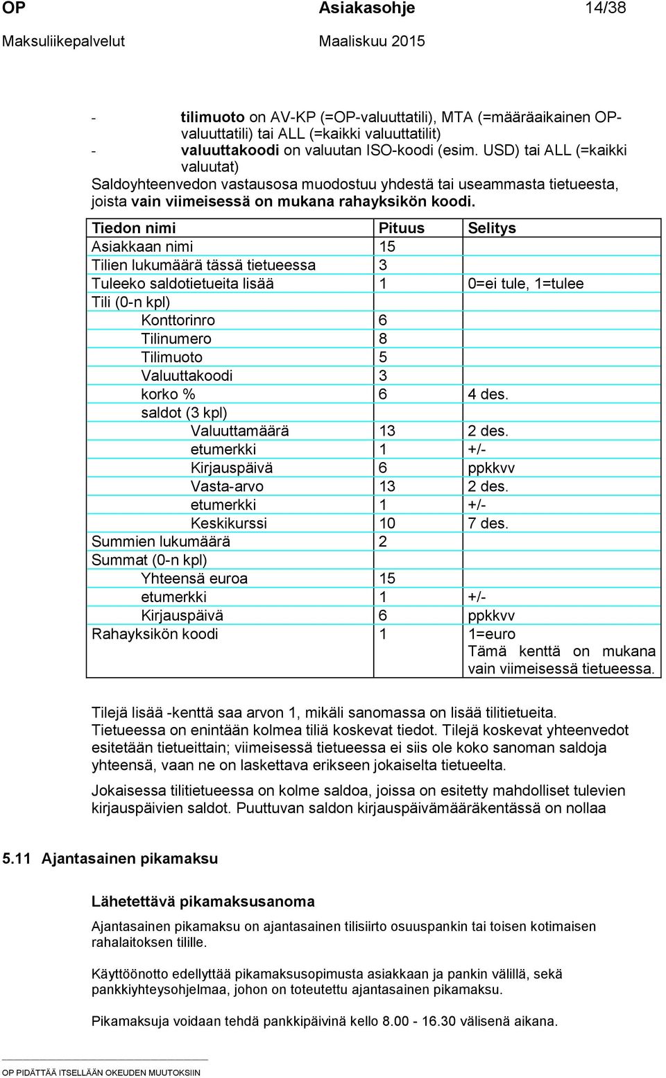 Tiedon nimi Pituus Selitys Asiakkaan nimi 15 Tilien lukumäärä tässä tietueessa 3 Tuleeko saldotietueita lisää 1 0=ei tule, 1=tulee Tili (0-n kpl) Konttorinro 6 Tilinumero 8 Tilimuoto 5 Valuuttakoodi