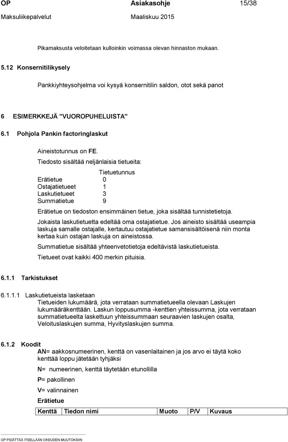 Tiedosto sisältää neljänlaisia tietueita: Tietuetunnus Erätietue 0 Ostajatietueet 1 Laskutietueet 3 Summatietue 9 Erätietue on tiedoston ensimmäinen tietue, joka sisältää tunnistetietoja.