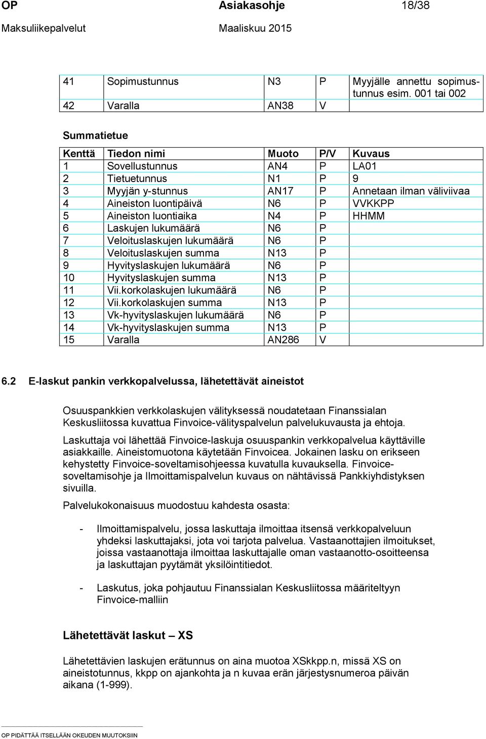 luontiaika N4 P HHMM 6 Laskujen lukumäärä N6 P 7 Veloituslaskujen lukumäärä N6 P 8 Veloituslaskujen summa N13 P 9 Hyvityslaskujen lukumäärä N6 P 10 Hyvityslaskujen summa N13 P 11 Vii.