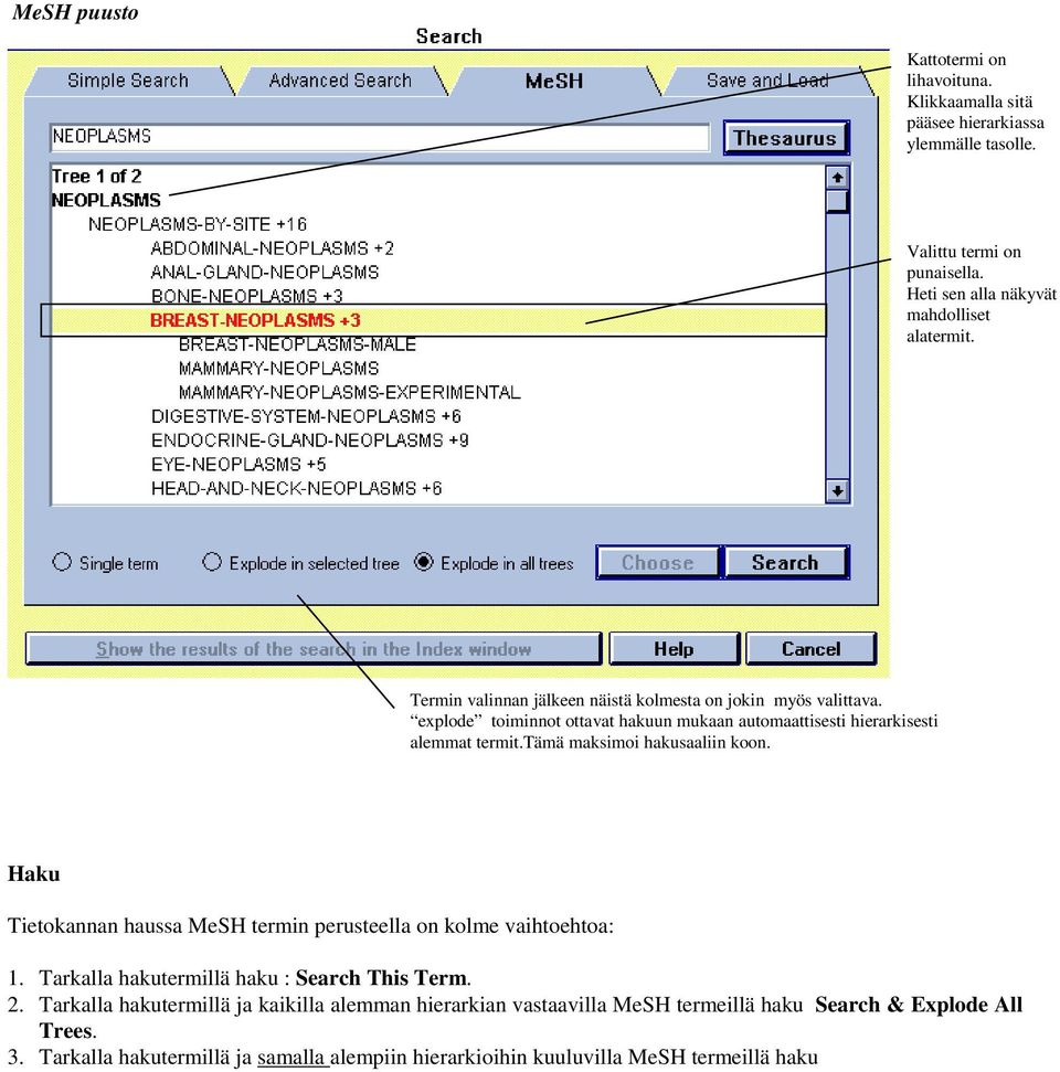 tämä maksimoi hakusaaliin koon. Haku Tietokannan haussa MeSH termin perusteella on kolme vaihtoehtoa: 1. Tarkalla hakutermillä haku : Search This Term. 2.
