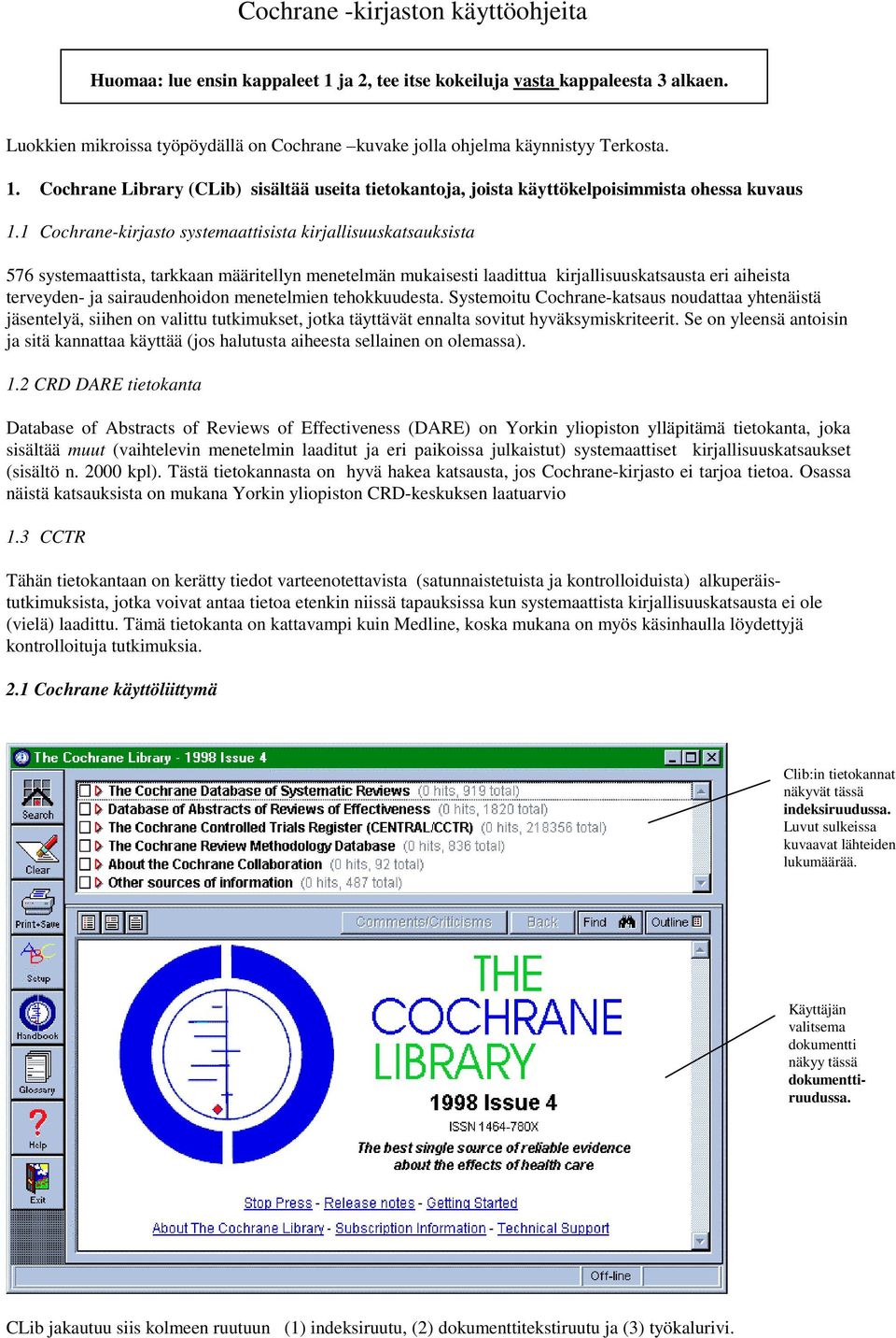 1 Cochrane-kirjasto systemaattisista kirjallisuuskatsauksista 576 systemaattista, tarkkaan määritellyn menetelmän mukaisesti laadittua kirjallisuuskatsausta eri aiheista terveyden- ja sairaudenhoidon