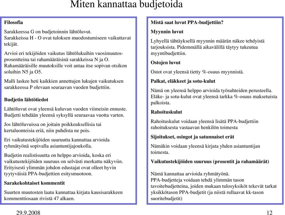 Malli laskee heti kaikkien annettujen lukujen vaikutuksen sarakkeessa P olevaan seuraavan vuoden budjettiin. Budjetin lähtötiedot Lähtöluvut ovat yleensä kuluvan vuoden viimeisin ennuste.