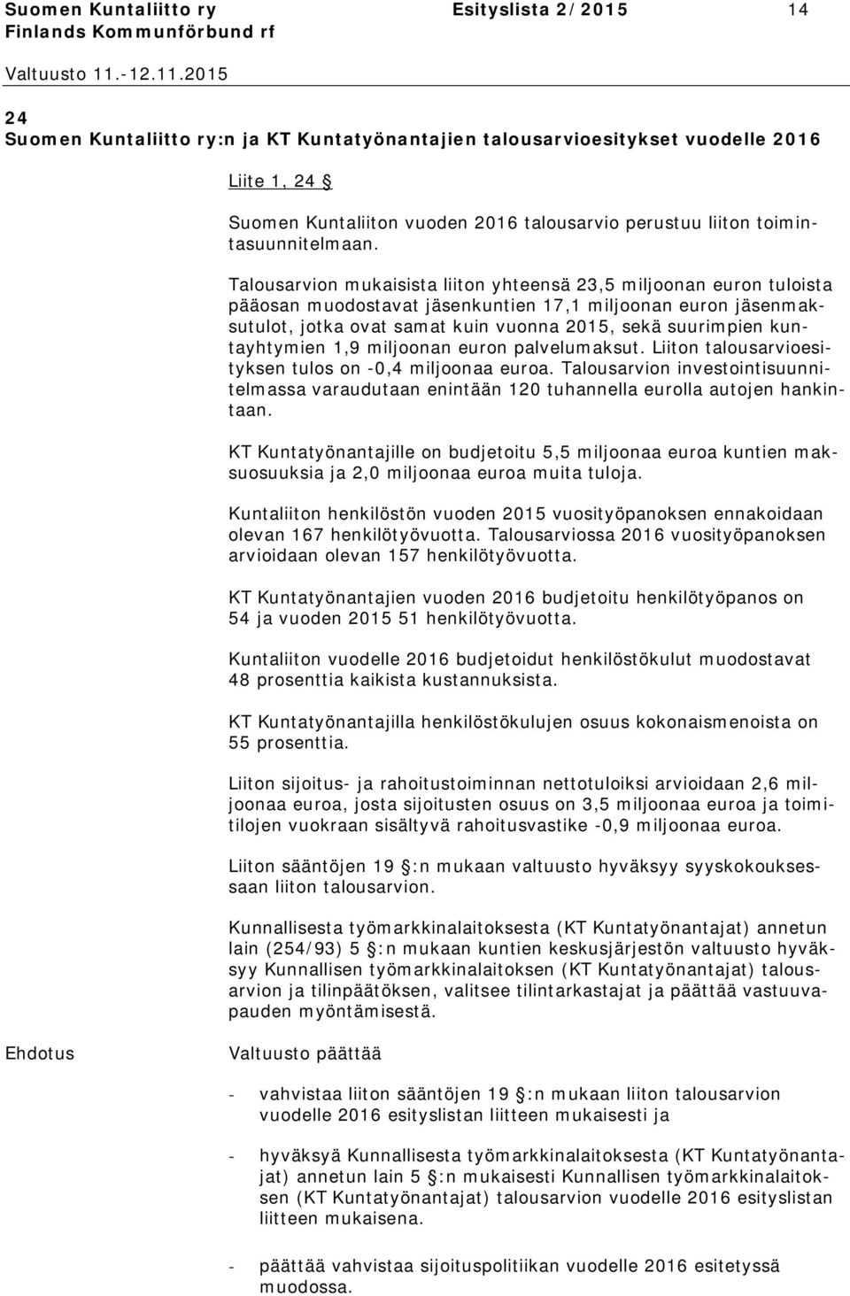 Talousarvion mukaisista liiton yhteensä 23,5 miljoonan euron tuloista pääosan muodostavat jäsenkuntien 17,1 miljoonan euron jäsenmaksutulot, jotka ovat samat kuin vuonna 2015, sekä suurimpien