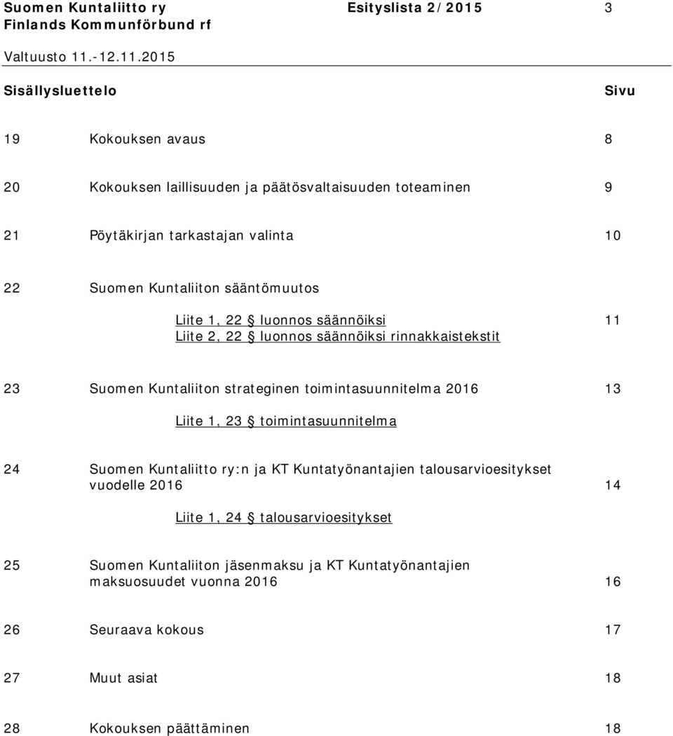 strateginen toimintasuunnitelma 2016 13 Liite 1, 23 toimintasuunnitelma 24 Suomen Kuntaliitto ry:n ja KT Kuntatyönantajien talousarvioesitykset vuodelle 2016 14 Liite