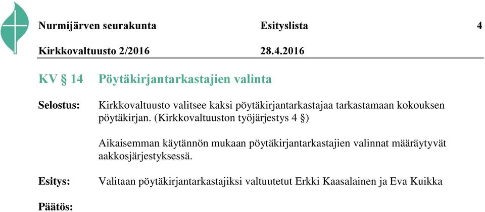 (Kirkkovaltuuston työjärjestys 4 ) Aikaisemman käytännön mukaan pöytäkirjantarkastajien valinnat