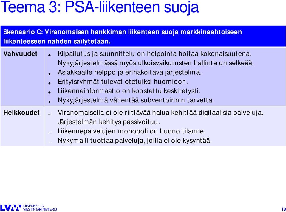 Asiakkaalle helppo ja ennakoitava järjestelmä. Erityisryhmät tulevat otetuiksi huomioon. Liikenneinformaatio on koostettu keskitetysti.