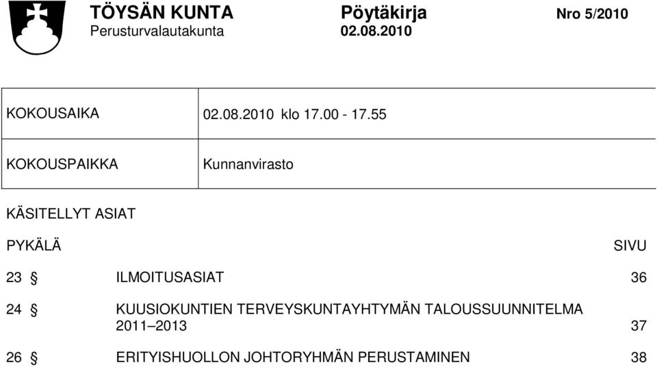 55 KOKOUSPAIKKA Kunnanvirasto KÄSITELLYT ASIAT PYKÄLÄ SIVU 23