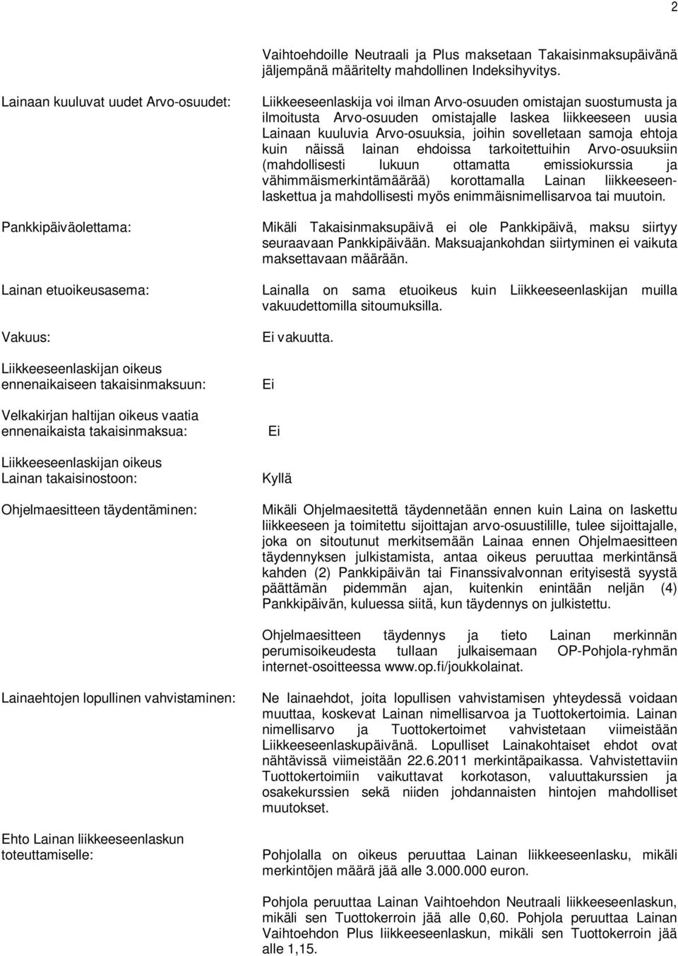 akaisinmaksua: Liikkeeseenlaskijan oikeus Lainan akaisinosoon: Ohjelmaesieen äydenäminen: Liikkeeseenlaskija voi ilman Arvo-osuuden omisajan suosumusa ja ilmoiusa Arvo-osuuden omisajalle laskea