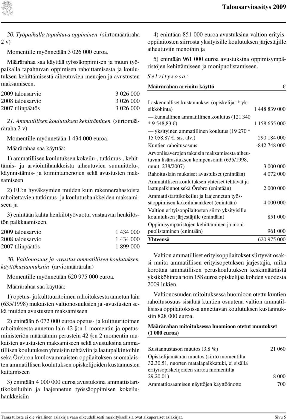 talous 3 026 000 talous 3 026 000 tilinpäätös 3 026 000 21. Ammatillisen koulutuksen kehittäminen (siirtomääräraha 2 v) Momentille myönnetään 1 434 000 euroa.