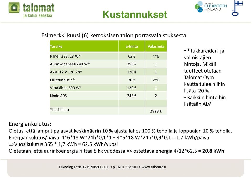 Kaikkiin hintoihin lisätään ALV Energiankulutus: Oletus, että lamput palaavat keskimäärin 10 % ajasta lähes 100 % teholla ja loppuajan 10 % teholla.