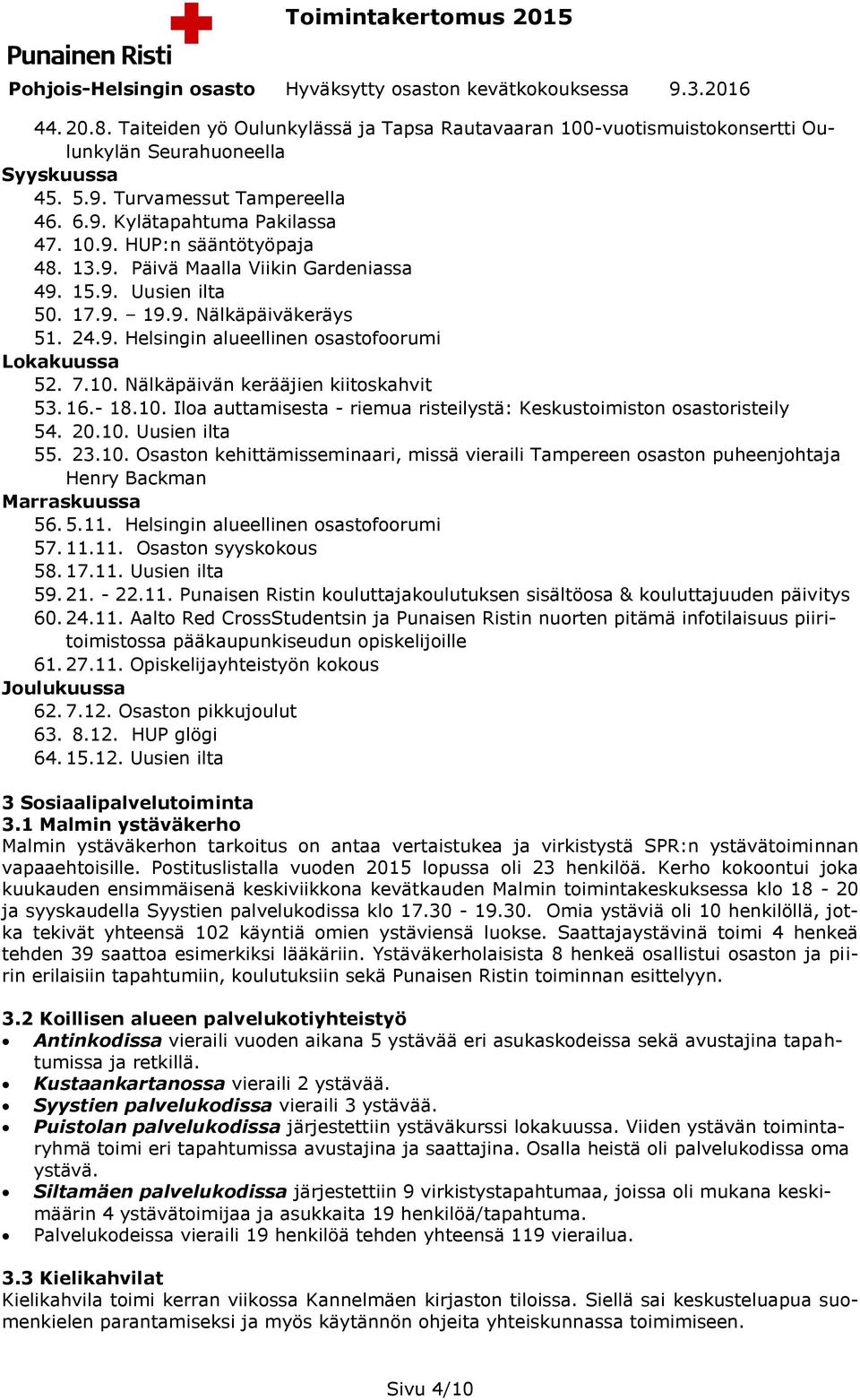 16.- 18.10. Iloa auttamisesta - riemua risteilystä: Keskustoimiston osastoristeily 54. 20.10. Uusien ilta 55. 23.10. Osaston kehittämisseminaari, missä vieraili Tampereen osaston puheenjohtaja Henry Backman Marraskuussa 56.