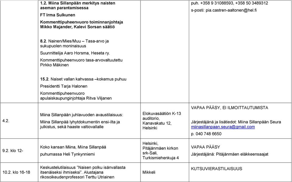 Kommenttipuheenvuoro tasa-arvovaltuutettu Pirkko Mäkinen 15.2.
