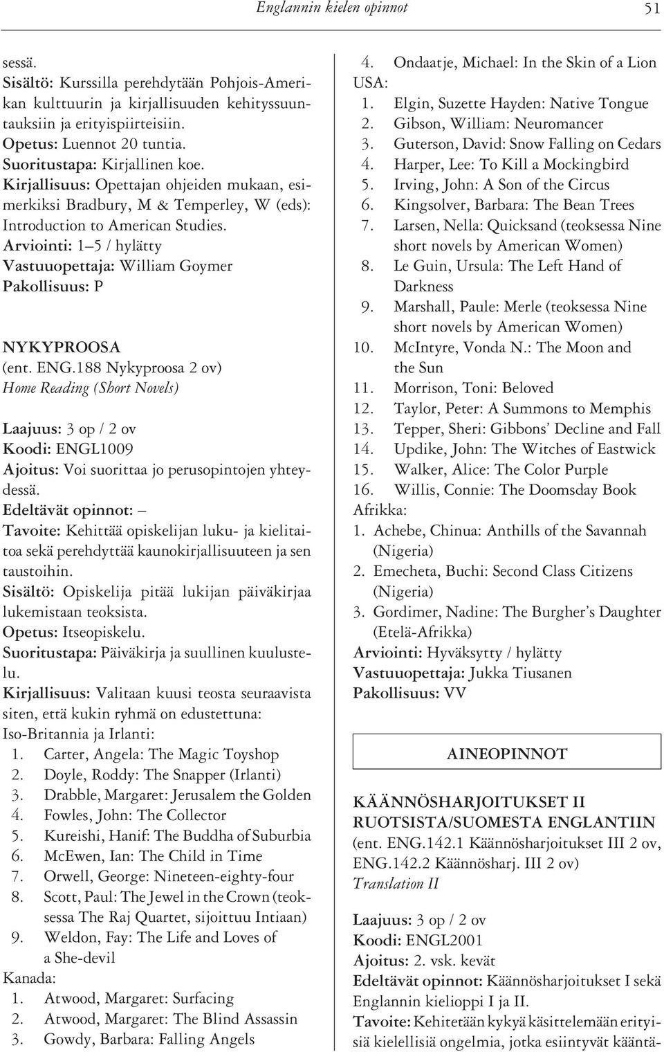 188 Nykyproosa 2 ov) Home Reading (Short Novels) Koodi: ENGL1009 Ajoitus: Voi suorittaa jo perusopintojen yhteydessä.