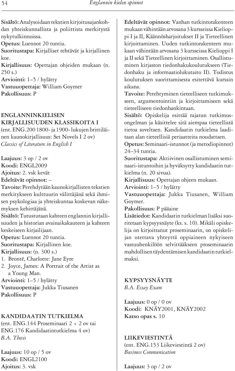 ANNINKIELISEN KIRJALLISUUDEN KLASSIKOITA I (ent. ENG.200 1800- ja 1900- lukujen brittiläinen kaunokirjallisuus: Set Novels I 2 ov) Classics of Literature in English I Koodi: ENGL2009 Ajoitus: 2.