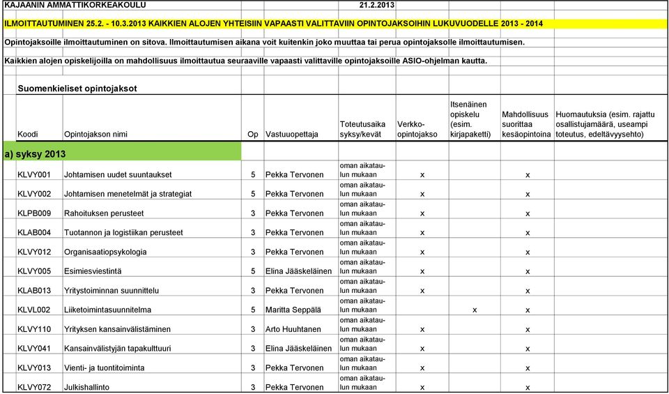 Kaikkien alojen opiskelijoilla on mahdollisuus ilmoittautua seuraaville vapaasti valittaville opintojaksoille ASIO-ohjelman kautta.