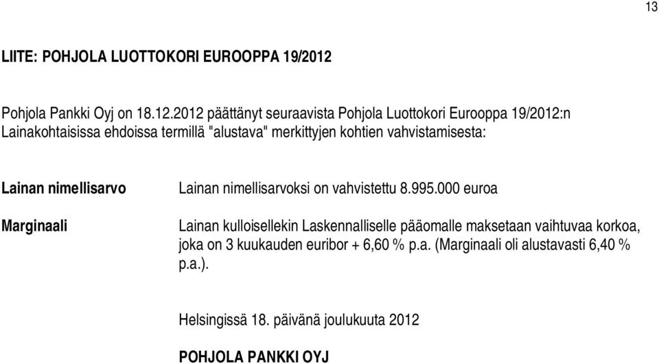 2012 päättänyt seuraavista Pohjola Luottokori Eurooppa 19/2012:n Lainakohtaisissa ehdoissa termillä "alustava" merkittyjen kohtien