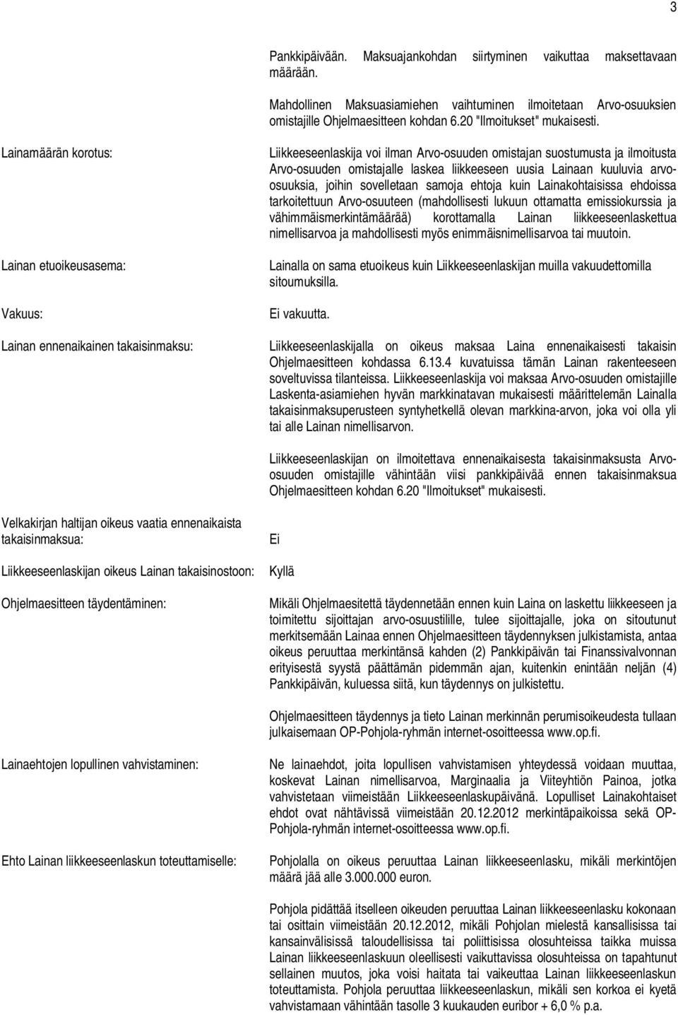 Lainamäärän korotus: Lainan etuoikeusasema: Vakuus: Lainan ennenaikainen takaisinmaksu: Liikkeeseenlaskija voi ilman Arvo-osuuden omistajan suostumusta ja ilmoitusta Arvo-osuuden omistajalle laskea
