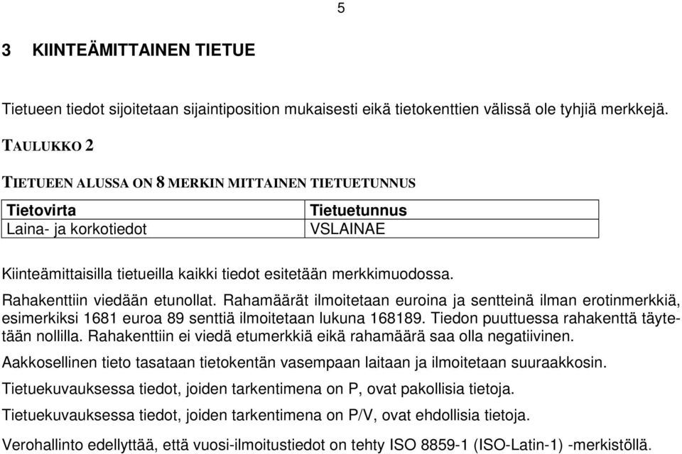 Rahakenttiin viedään etunollat. Rahamäärät ilmoitetaan euroina ja sentteinä ilman erotinmerkkiä, esimerkiksi 1681 euroa 89 senttiä ilmoitetaan lukuna 168189. puuttuessa rahakenttä täytetään nollilla.