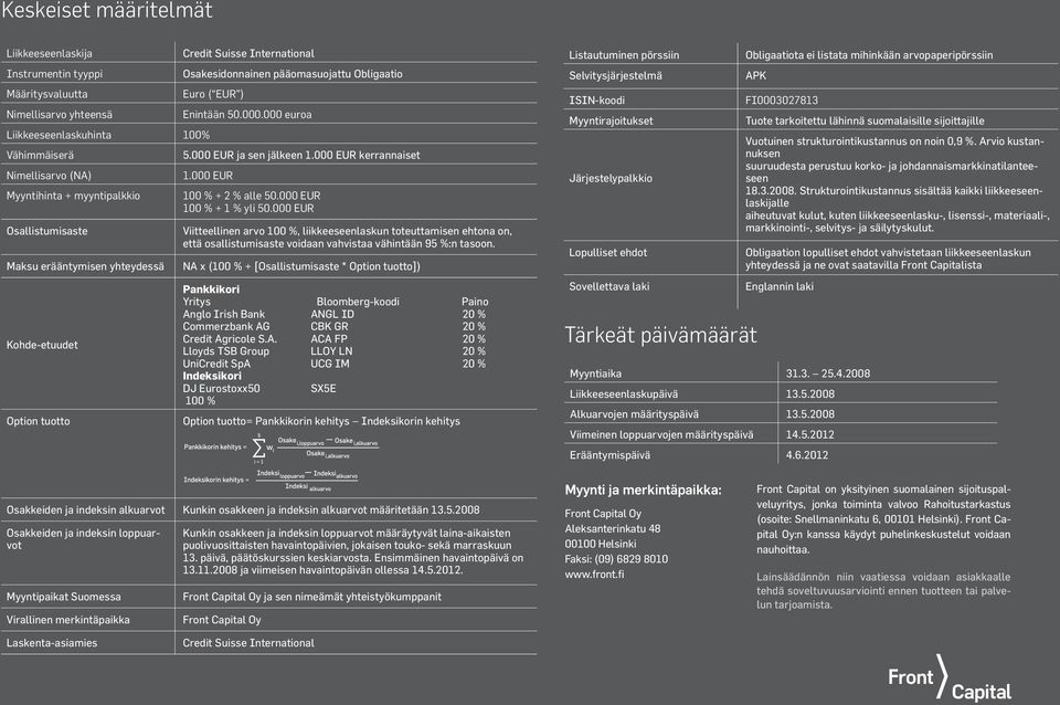 000 EUR ja sen jälkeen 1.000 EUR kerrannaiset 1.000 EUR 100 % + 2 % alle 50.000 EUR 100 % + 1 % yli 50.