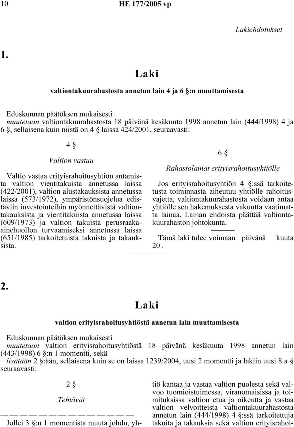 kuin niistä on 4 laissa 424/2001, seuraavasti: 4 Valtion vastuu Valtio vastaa erityisrahoitusyhtiön antamista valtion vientitakuista annetussa laissa (422/2001), valtion alustakauksista annetussa