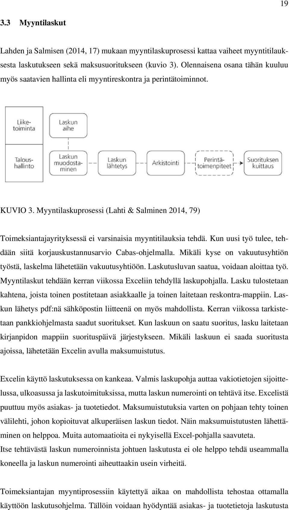 Myyntilaskuprosessi (Lahti & Salminen 2014, 79) Toimeksiantajayrityksessä ei varsinaisia myyntitilauksia tehdä. Kun uusi työ tulee, tehdään siitä korjauskustannusarvio Cabas-ohjelmalla.