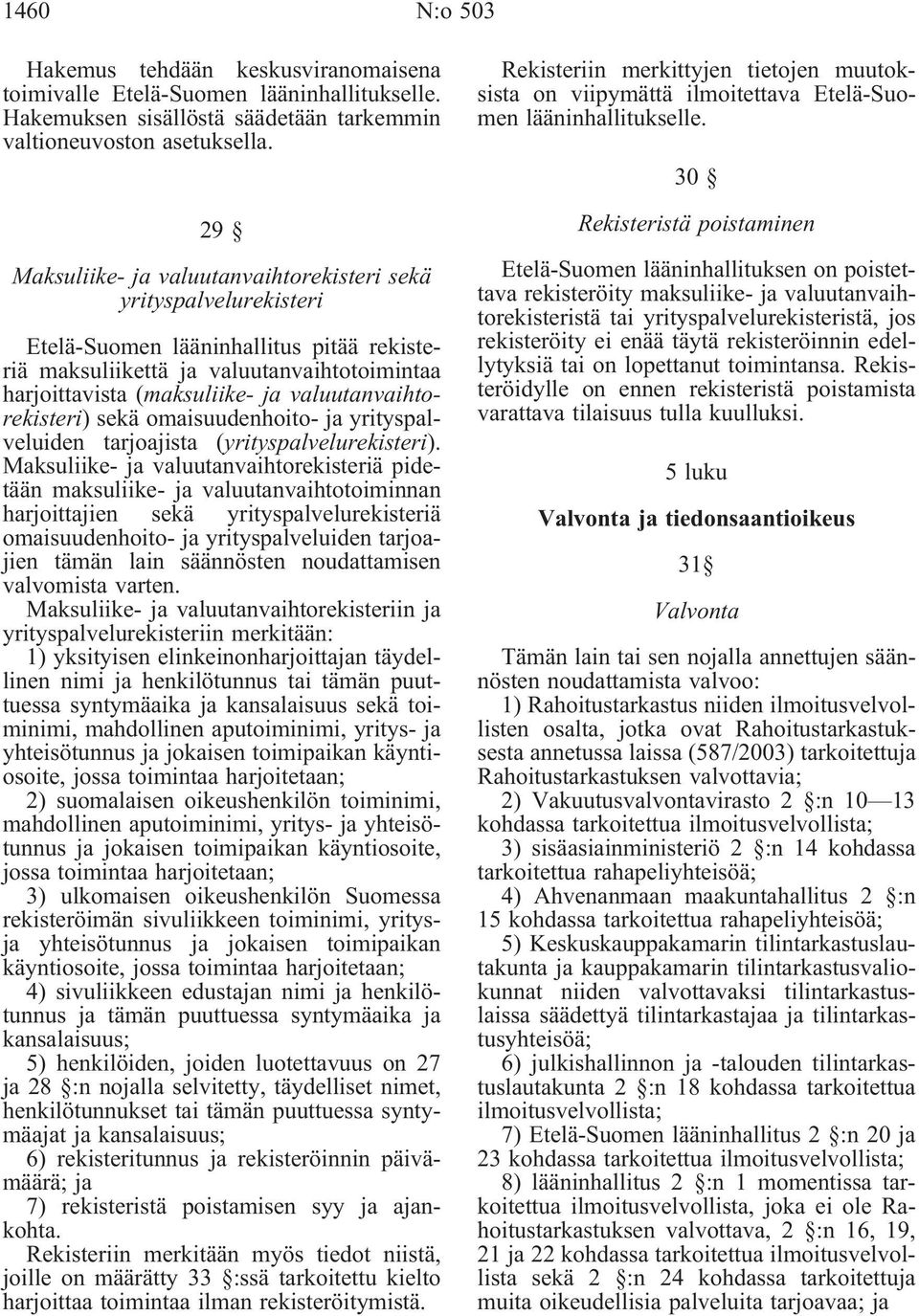 valuutanvaihtorekisteri) sekä omaisuudenhoito- ja yrityspalveluiden tarjoajista (yrityspalvelurekisteri).