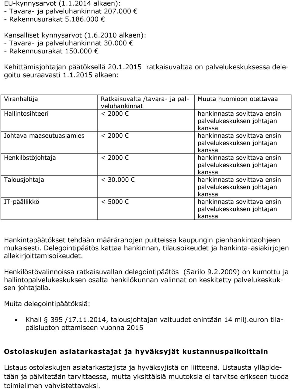 2015 ratkaisuvaltaa on palvelukeskuksessa delegoitu seuraavasti 1.1.2015 alkaen: Viranhaltija Ratkaisuvalta /tavara- ja palveluhankinnat Muuta huomioon otettavaa Hallintosihteeri < 2000 hankinnasta