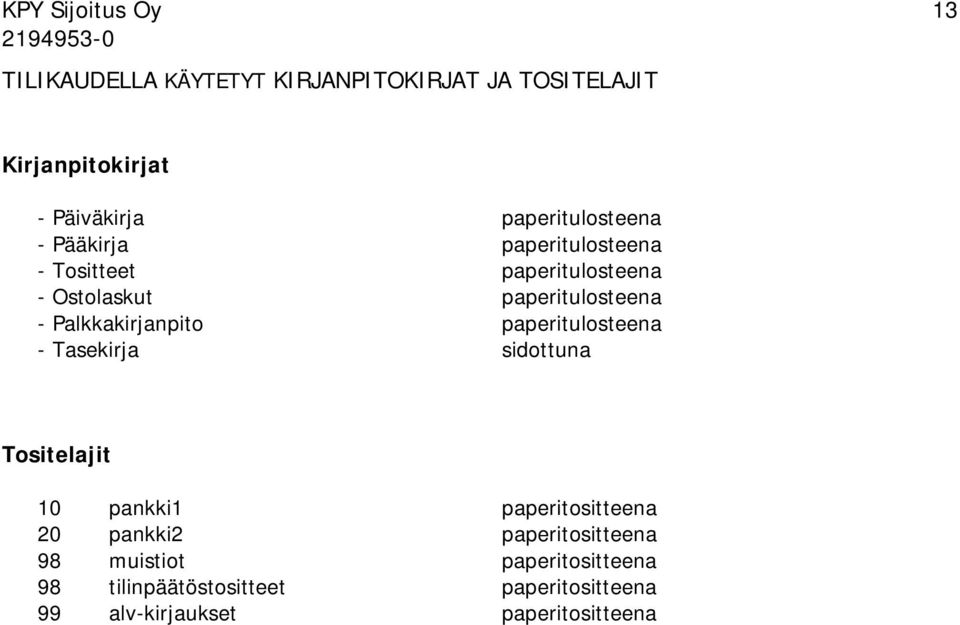 paperitulosteena - Tasekirja sidottuna Tositelajit 10 pankki1 paperitositteena 20 pankki2