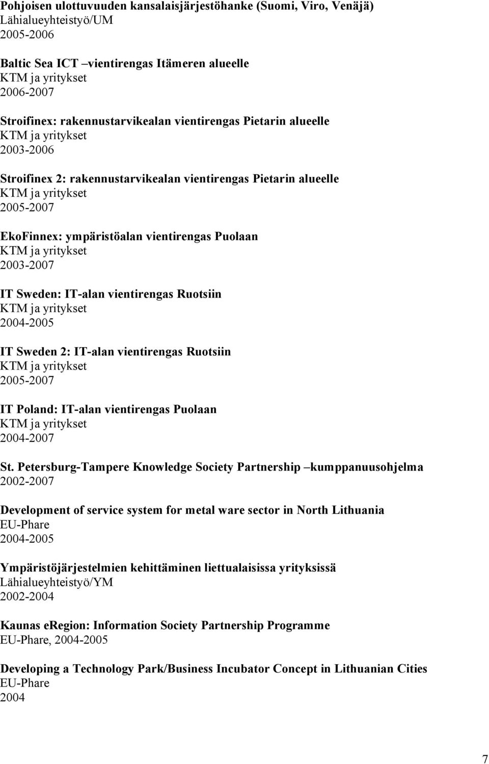 2004-2005 IT Sweden 2: IT-alan vientirengas Ruotsiin 2005-2007 IT Poland: IT-alan vientirengas Puolaan 2004-2007 St.
