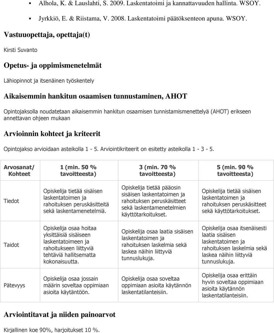 Vastuuopettaja, opettaja(t) Kirsti Suvanto Opetus- ja oppimismenetelmät Lähiopinnot ja itsenäinen työskentely Aikaisemmin hankitun osaamisen tunnustaminen, AHOT Opintojaksolla noudatetaan aikaisemmin