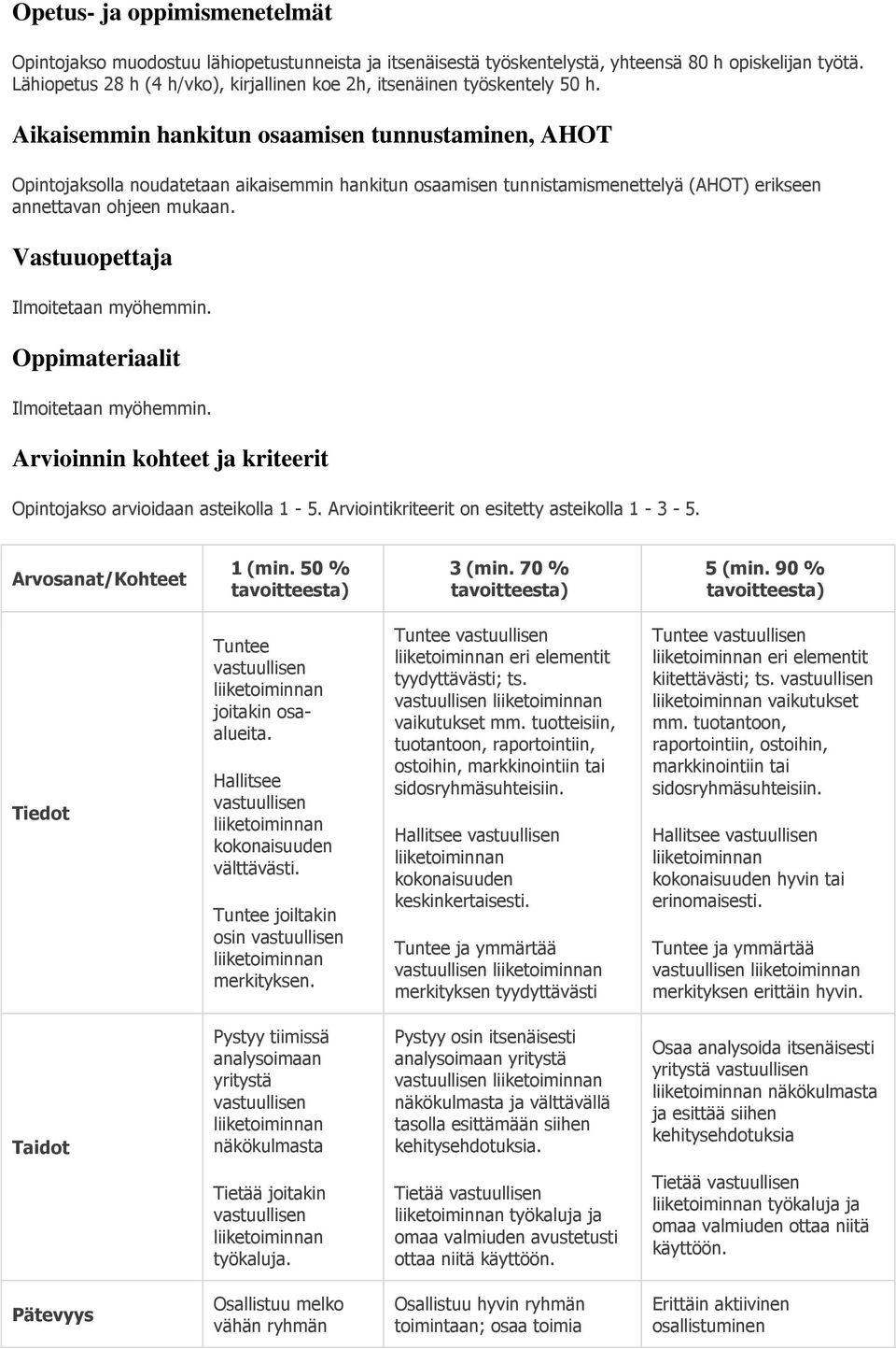 Aikaisemmin hankitun osaamisen tunnustaminen, AHOT Opintojaksolla noudatetaan aikaisemmin hankitun osaamisen tunnistamismenettelyä (AHOT) erikseen annettavan ohjeen mukaan.