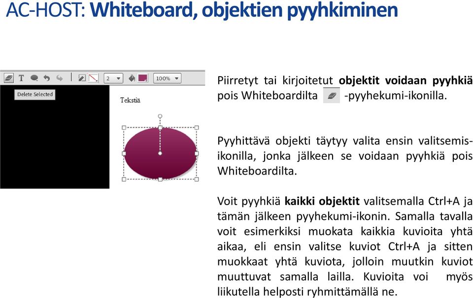 Voit pyyhkiä kaikki objektit valitsemalla Ctrl+A ja tämän jälkeen pyyhekumi-ikonin.