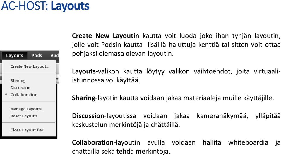 Layouts-valikon kautta löytyy valikon vaihtoehdot, joita virtuaaliistunnossa voi käyttää.