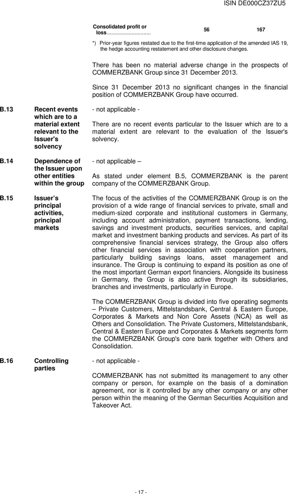 Since 31 December 2013 no significant changes in the financial position of COMMERZBANK Group have occurred. B.13 Recent events which are to a material extent relevant to the Issuer's solvency B.