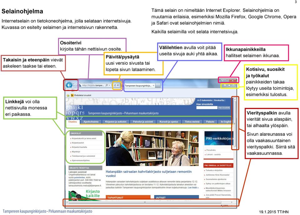 Takaisin ja eteenpäin vievät askeleen taakse tai eteen. Linkkejä voi olla nettisivulla monessa eri paikassa. Osoiterivi kirjoita tähän nettisivun osoite.