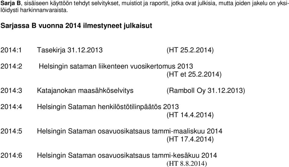 2.2014) 2014:3 Katajanokan maasähköselvitys (Ramboll Oy 31.12.2013) 2014:4 Helsingin Sataman henkilöstötilinpäätös 2013 (HT 14.4.2014) 2014:5 Helsingin Sataman osavuosikatsaus tammi-maaliskuu 2014 (HT 17.