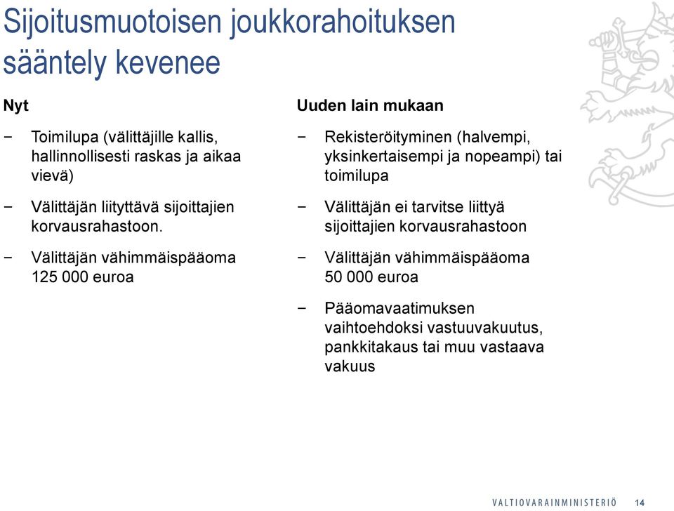 Välittäjän vähimmäispääoma 125 000 euroa Uuden lain mukaan Rekisteröityminen (halvempi, yksinkertaisempi ja nopeampi) tai