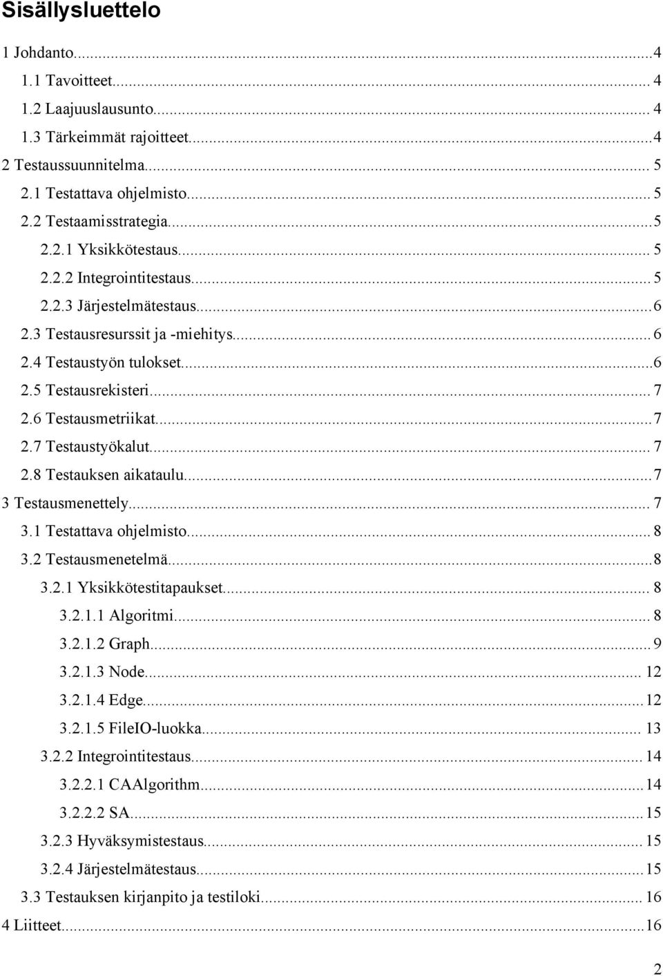 .. 7 2.8 Testauksen aikataulu...7 3 Testausmenettely... 7 3.1 Testattava ohjelmisto... 8 3.2 Testausmenetelmä...8 3.2.1 Yksikkötestitapaukset... 8 3.2.1.1 Algoritmi... 8 3.2.1.2 Graph...9 3.2.1.3 Node.