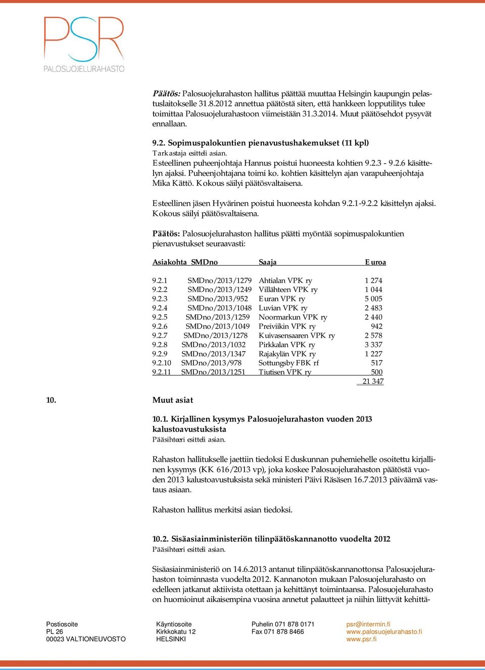 Esteellinen puheenjohtaja Hannus poistui huoneesta kohtien 9.2.3-9.2.6 käsittelyn ajaksi. Puheenjohtajana toimi ko. kohtien käsittelyn ajan varapuheenjohtaja Mika Kättö.
