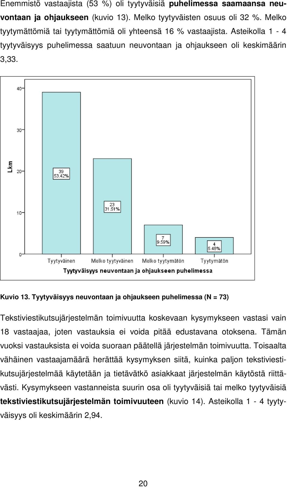 Tyytyväisyys neuvontaan ja ohjaukseen puhelimessa (N = 73) Tekstiviestikutsujärjestelmän toimivuutta koskevaan kysymykseen vastasi vain 18 vastaajaa, joten vastauksia ei voida pitää edustavana
