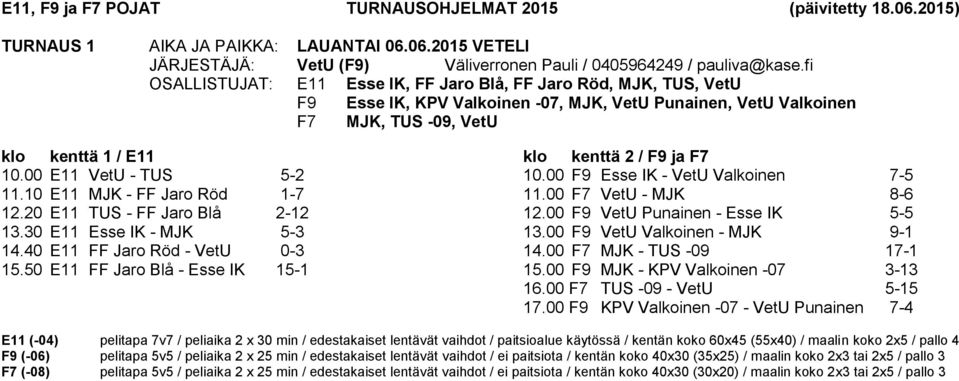 10 E11 MJK - FF Jaro Röd 1-7 12.20 E11 TUS - FF Jaro Blå 2-12 13.30 E11 Esse IK - MJK 5-3 14.40 E11 FF Jaro Röd - VetU 0-3 15.50 E11 FF Jaro Blå - Esse IK 15-1 ja F7 10.