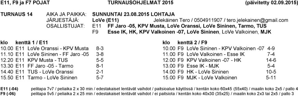 00 E11 LoVe Oranssi - KPV Musta 8-3 11.10 E11 LoVe Sininen - FF Jaro -05 3-8 12.20 E11 KPV Musta - TUS 5-5 13.30 E11 FF Jaro -05 - Tarmo 8-1 14.40 E11 TUS - LoVe Oranssi 2-1 15.